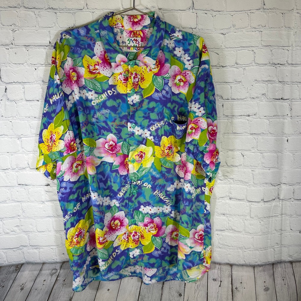 Jams World Orchids of Hawaii Floral Button Down Shirt Mens XXL Rayon Tropical